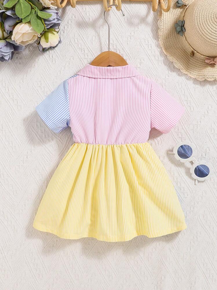 Vestido camisero casual con rayas y parches para niñas bebé, ideal para primavera y verano - Multicolor - Añade 3