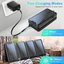 Pin dự phòng năng lượng mặt trời 26800mAh, Bộ sạc năng lượng mặt trời Elzle có 2 đầu ra USB-A và 1 đầu vào USB-C, Pin ngoài chống nước ngoài trời có 4 tấm pin mặt trời và đèn pin cho điện thoại thông minh, máy tính bảng, bộ pin mở rộng cắm trại, trạm sạc Cycles cho cắm trại ngoài trời, du lịch RV & sử dụng tại nhà, pin dự phòng khẩn cấp - màu đen - Xem 3