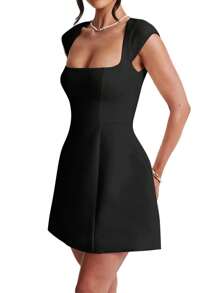 Vestido mini de manga corta para mujer, de unicolor, con cuello cuadrado, silueta slim tipo A, con bolsillos - Negro - Ver 5
