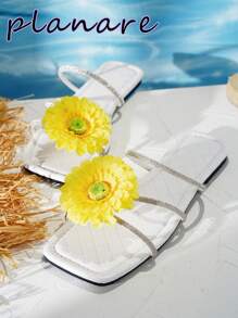 planare 女士米色花卉装饰一脚蹬凉鞋，三重银色水钻系带平底光滑鞋底，方形露趾和高跟设计，舒适防滑无味柔软优雅休闲夏季室内户外海滩泳池工作日常鞋 - 白色 - 查看 7