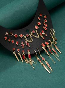 17 pares/set de aretes de botón vintage minimalistas con múltiples rhinestones, serie de diseño único - Rojo - Ver 2