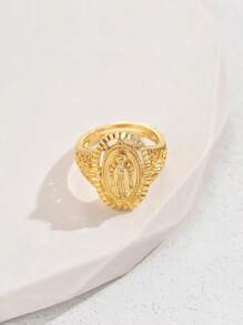 1pc 18k Gold-Plated Copper Oval Cubic Zirconia Virgin Mary Adjustable Open Ring,Fashionable Unisex Daily/Party/Event Accessory