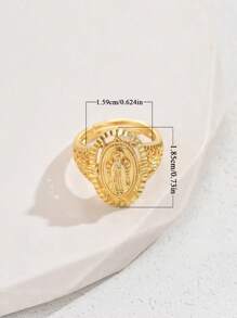 1pc 18k Gold-Plated Copper Oval Cubic Zirconia Virgin Mary Adjustable Open Ring,Fashionable Unisex Daily/Party/Event Accessory