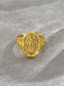 1pc 18k Gold-Plated Copper Oval Cubic Zirconia Virgin Mary Adjustable Open Ring,Fashionable Unisex Daily/Party/Event Accessory