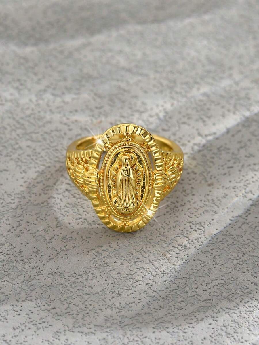 1pc 18k Gold-Plated Copper Oval Cubic Zirconia Virgin Mary Adjustable Open Ring,Fashionable Unisex Daily/Party/Event Accessory