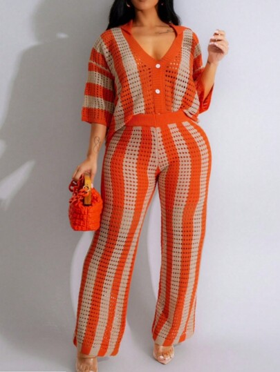 Plus Size Women Hollow Striped Single Breasted Knitted Top And Wide Leg Pants Sweater Set