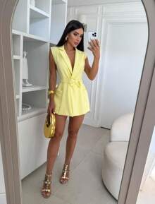 BLAZER Jumpsuit VEST Tailored Tank Top Short Sleeve Social Elegant And Casual Jumpsuit Blogger Shorts Skirt Fashion Summer Pastel Tones Cand Collors 2024 - 奶油黃 - 查看 4