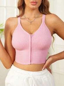 1pc Cute Front Zipper Seamless Elastic Sports Bra & Enhancing Brassiere For Women