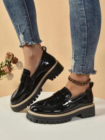 Women's Thick Sole Loafers, New Hook And Loop Round Toe Chunky Heel Casual Fashion British Style Leather Shoes