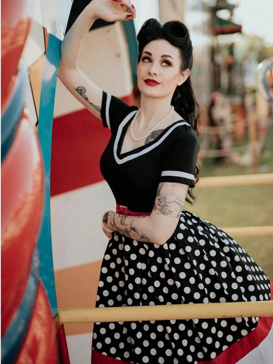 Women's Retro Black And White Polka Dot Midi Dress With Elegant V Neck Short Sleeves And Flared A Line Skirt - 黑色 - 查看 1