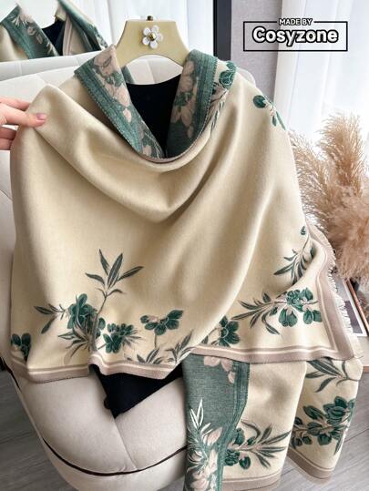 1pc Elegant Floral & Plant Jacquard Warm Scarf/Wrap, Fashionable & Versatile For Autumn/Winter, Air Conditioning Blanket Suitable For Daily Matching And Decoration