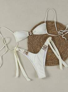 新款春夏女士性感休闲白色抹胸系带比基尼套装，适合海滩度假派对约会 - 白色 - 查看 2
