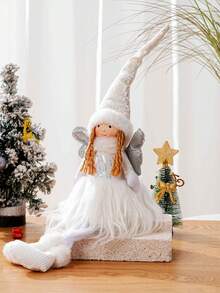 1 pieza Figura decorativa de ángel niña con postura sentada, hecha de tela con lentejuelas blancas, decoración navideña, regalo de Navidad, decoración del hogar, escaparate, fiesta, restaurante, escritorio, decoración de habitación, Año Nuevo, regalo del Día de la Madre, regalo del Día de San Valentín para la novia, altura 55cm/21.6 pulgadas, decoraciones navideñas de invierno