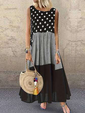 Summer New Polka Dot Sleeveless Midi Dress, Waist Slimming