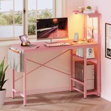 44 Inch LED Gaming Desk With Outlets & USB Ports Computer Desk With Storage Shelves In Black Carbon Fiber