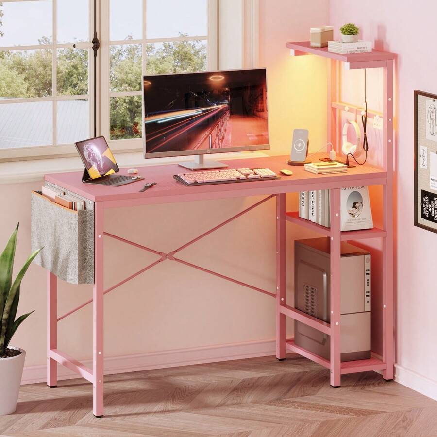 44 Inch LED Gaming Desk With Outlets & USB Ports Computer Desk With Storage Shelves In Black Carbon Fiber