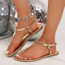 Stylish Women's Solid Color Summer Sandals - Round-Toe Clip-Ons With Comfortable Rubber Sole For A Chic Look - Gold - View 8