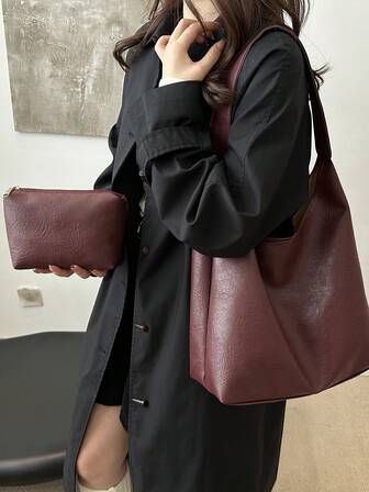 Newly Launched 2024 Korean Style Underarm Large Capacity Red Ancara 2-In-1 Shoulder Tote Bag, Vintage Versatile Office Work Commute Handbag For Women, Autumn/Winter, New Fashionable Big Bags For Women