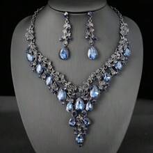 1 套女士首饰套装：项链和耳环，水钻镶嵌，时尚优雅，适合新娘、婚礼、宴会、正式场合