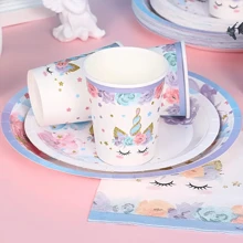 10 件套独角兽派对用品套装 7/9 英寸紫色花朵独角兽和花朵图案一次性纸盘、独角兽生日派对纸巾、纸杯、独角兽盘子派对用品适用于春季茶会新娘送礼会装饰 - 彩色 - 查看 3