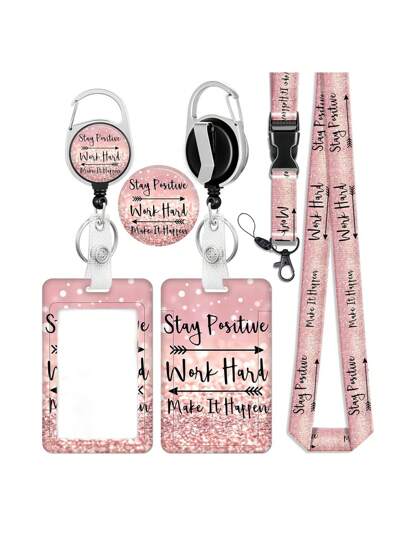 Retractable Badge Holder With Inspirational Quotes, ID Name Tag Worker Badge Carabiner Clip Pink Retractable Badge Reel With Detachable Lanyard - Motivational Quotes ID & Key Holder,Vertical Card Protector For Main Office Doctor Nurse Teacher Women Students & Professionals