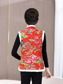 JSZ&WM 中国风,花卉,满版印花,中等厚度,仿羊毛面料,立领,2025,春/秋,休闲,优雅,女士唐装,女士春装,90年代服装 - 紅色 - 查看 3