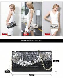 Elegant Women's Handbag With Diamond Handmade Flower Temperament Dinner Bag High-Grade Fashion Crocodile Pattern Ladies Shoulder Chain All-Match Messenger Bag