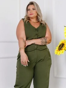 Women's Tailored Set Plus Size 48 50 52 Vest Blouse Cropped Dress Pants 46 48 50 52 54 GG G1 G2 - Premium - 軍綠色 - 查看 4