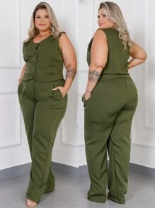 Women's Tailored Set Plus Size 48 50 52 Vest Blouse Cropped Dress Pants 46 48 50 52 54 GG G1 G2 - Premium - 軍綠色 - 查看 1