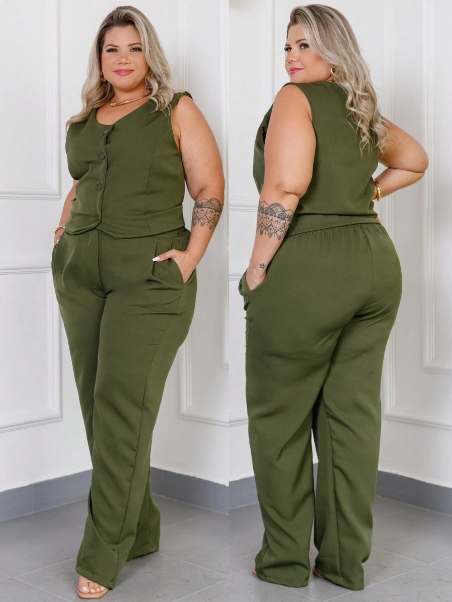 Women's Tailored Set Plus Size 48 50 52 Vest Blouse Cropped Dress Pants 46 48 50 52 54 GG G1 G2 - Premium - 軍綠色 - 查看 1