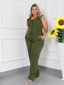 Women's Tailored Set Plus Size 48 50 52 Vest Blouse Cropped Dress Pants 46 48 50 52 54 GG G1 G2 - Premium - 軍綠色 - 查看 5