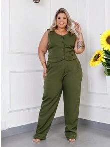 Women's Tailored Set Plus Size 48 50 52 Vest Blouse Cropped Dress Pants 46 48 50 52 54 GG G1 G2 - Premium - 軍綠色 - 查看 2
