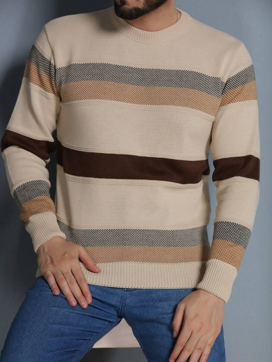 Men's Knitted Sweater Coat Sweater Cold Weather Round Neck Long Sleeve Wool Blouse - 米色 - 查看 1