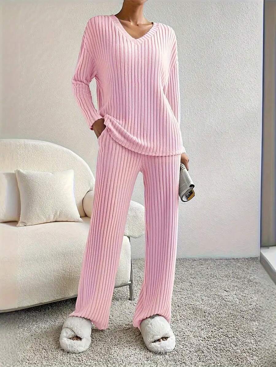 女士V领长袖睡衣两件套，纯色，腋下条纹，舒适时尚家居服套装，两件套，秋冬服装 - 粉色 - 查看 1
