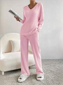 女士V领长袖睡衣两件套，纯色，腋下条纹，舒适时尚家居服套装，两件套，秋冬服装 - 粉色 - 查看 3