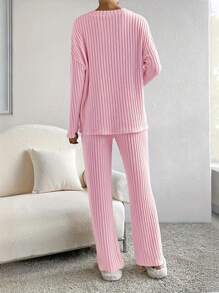 女士V领长袖睡衣两件套，纯色，腋下条纹，舒适时尚家居服套装，两件套，秋冬服装 - 粉色 - 查看 2