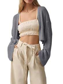 Cropped Cardigan Sweaters For Women Boho Lightweight Summer Open Front Knit Cardigan Outerwear - 灰色 - 查看 2