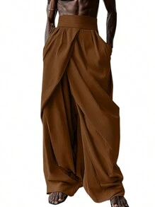 INCERUN Fashion Men High Waist Zipper Wrap Pleated Palazzo Culotte Long Pants Holiday Party Casual Loose Wide Leg Trousers Bottoms - Brown - View 2