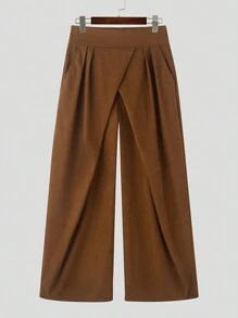 INCERUN Fashion Men High Waist Zipper Wrap Pleated Palazzo Culotte Long Pants Holiday Party Casual Loose Wide Leg Trousers Bottoms - Brown - View 3