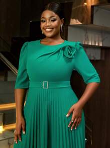 Plus Size Spring Green Easter Round Neck Short Sleeve 3D Floral Ruched A-Line Dress, Elegant And Graceful, Suitable For Birthday, Wedding Guest, Graduation Ceremony, Gala, Homecoming And Other Occasions