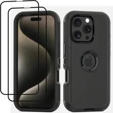 Ốp điện thoại có kính cường lực bảo vệ màn hình cho iPhone 13/14/15/16 Pro Max Plus siêu bền 3 trong 1 đạt chuẩn quân đội chống rơi, chống bụi, bền, chống sốc, quà tặng Giáng sinh, sinh nhật, năm mới, mùa đông, quà tặng cho gia đình, bạn bè, sinh nhật, bạn gái, bạn trai Quà tặng cho gia đình, bạn bè, trẻ em, sinh nhật, mùa xuân, ngày lễ, bạn trai, bạn gái, ngày lễ tình nhân - Đen/Đen - Xem 1