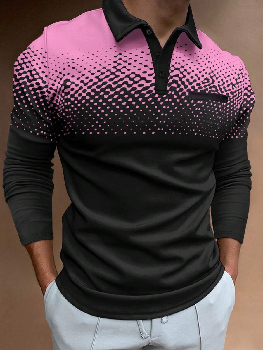 3D Print Ombre Dot Fake Pocket Long Sleeve Polo Shirt For Men, Casual ...
