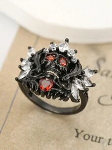 Nhẫn đính hôn hình trái tim xương phong cách Gothic độc đáo - Nhẫn cưới khảm Cubic Zirconia - Quà tặng kỷ niệm - Món quà hoàn hảo cho cặp đôi - màu đen - Xem 3