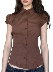 Women Short Sleeve Shirts Solid Color Pleated Buttons Fashion Blouses Summer Slim Casual Tops Streetwear - màu nâu - Xem 1