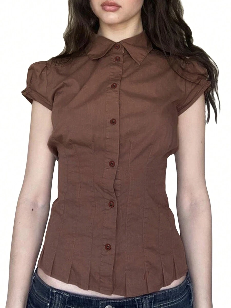Women Short Sleeve Shirts Solid Color Pleated Buttons Fashion Blouses Summer Slim Casual Tops Streetwear - màu nâu - Xem 1