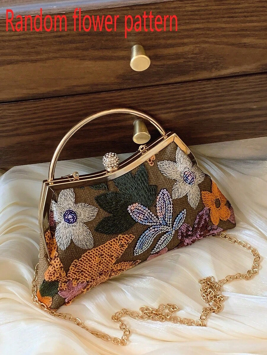 刺绣花卉薄纱和亮片拼布复古别致手拿包，优雅女士晚宴手提包，适合派对、婚礼、舞会、晚宴/宴会，搭配节日派对礼服、晚礼服和亮片礼服