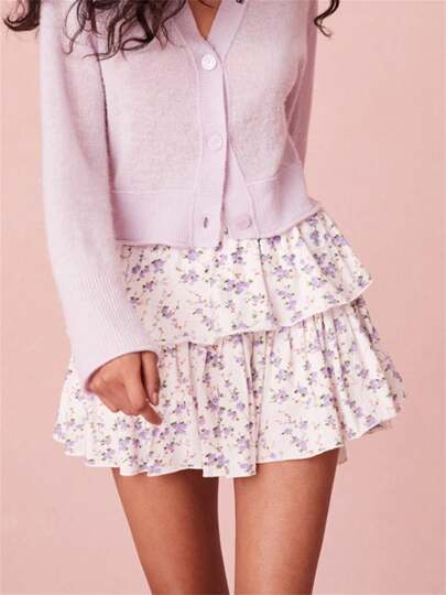 Womens Tiered Ruffled Short Skirts Floral Print Elastic Waist Curved Hemline Cute Flowy Miniskirts