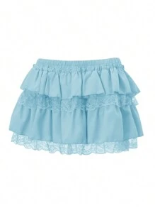 Women Lace Trim Ruffle Hem Micro Mini Skirts Elastic Low Waist Y2k Lace Layered Short Skirts Ruched A-Line Cute Tiered Ruffle Skirts Halloween/Christmas Costumes - 藍色 - 查看 7