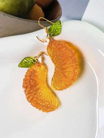 2 件装可爱树脂多色橙片和叶花吊坠耳环，适合女士，适合日常服装和派对配饰