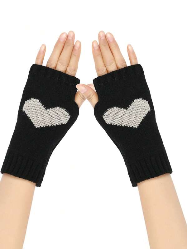 Luvas sem dedos de malha com padrão de coração - à prova de vento, quentes, elegantes, presente perfeito para casais, outono/inverno